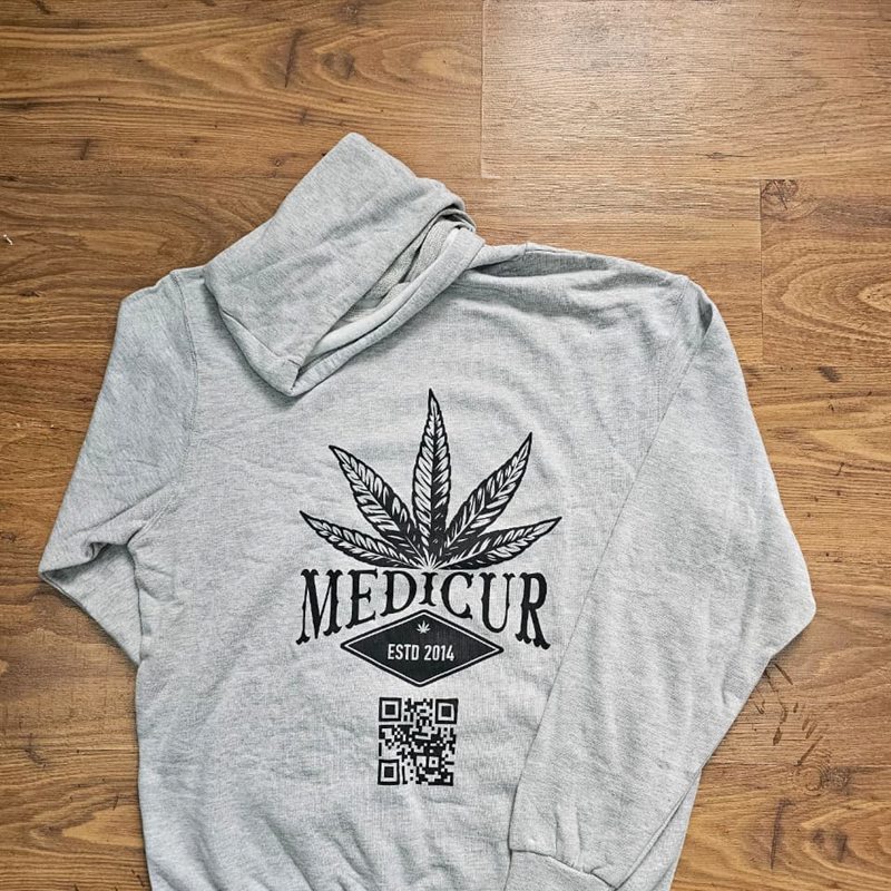 Grey Medicur hoodie with the leaf and QR code print